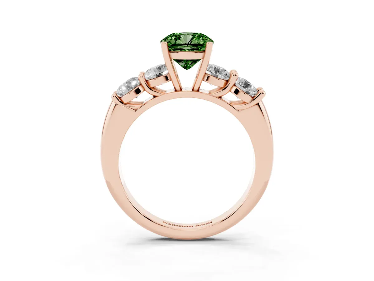 Fancy Green Cushion Cut Cut Five-Stone Prong Set Diamond Ring with Classic Band Rose gold