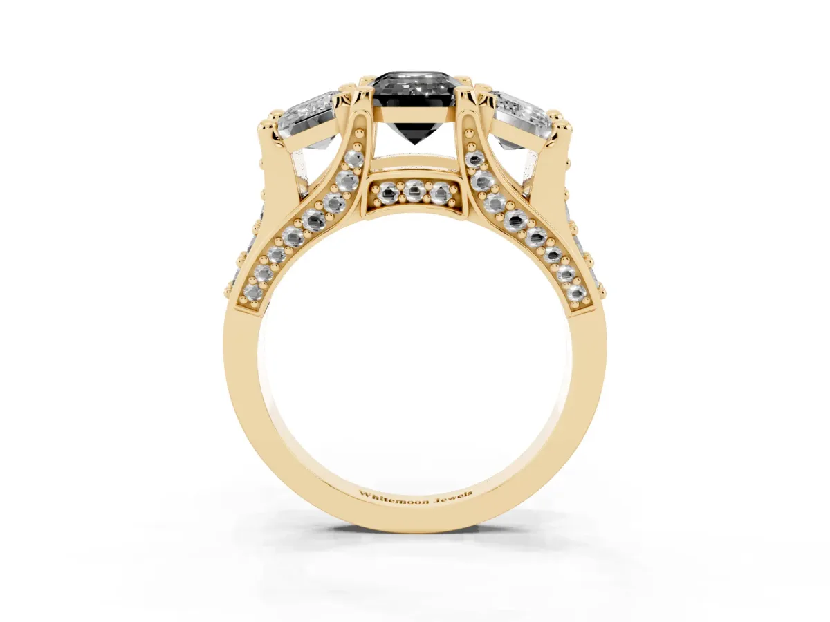 Fancy Black Emerald Cut Diamond Three-Stone Ring with Channel Set Band and Four-Prong Setting Yellow gold