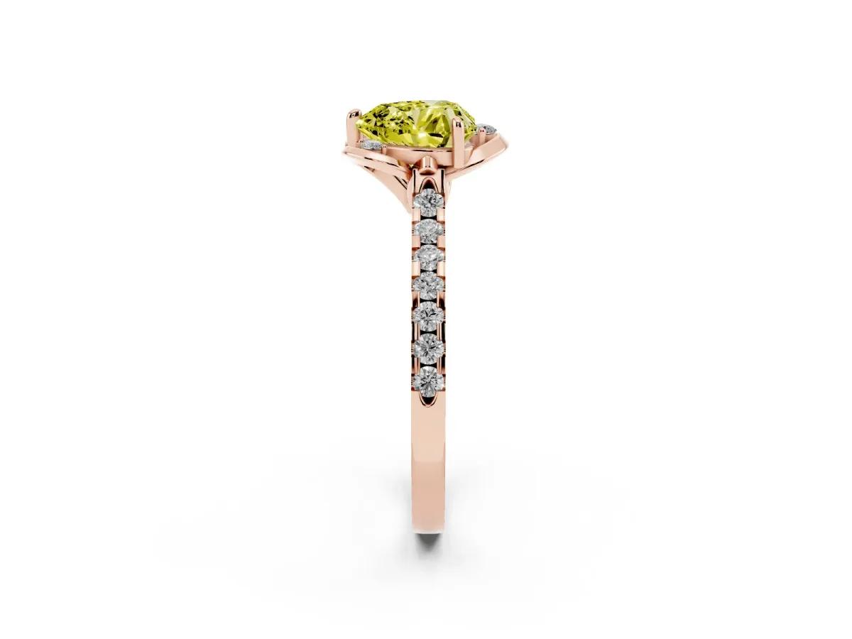 Fancy Yellow Heart Cut Diamond Ring with Pavé Band and Floral Prong Setting Rose gold