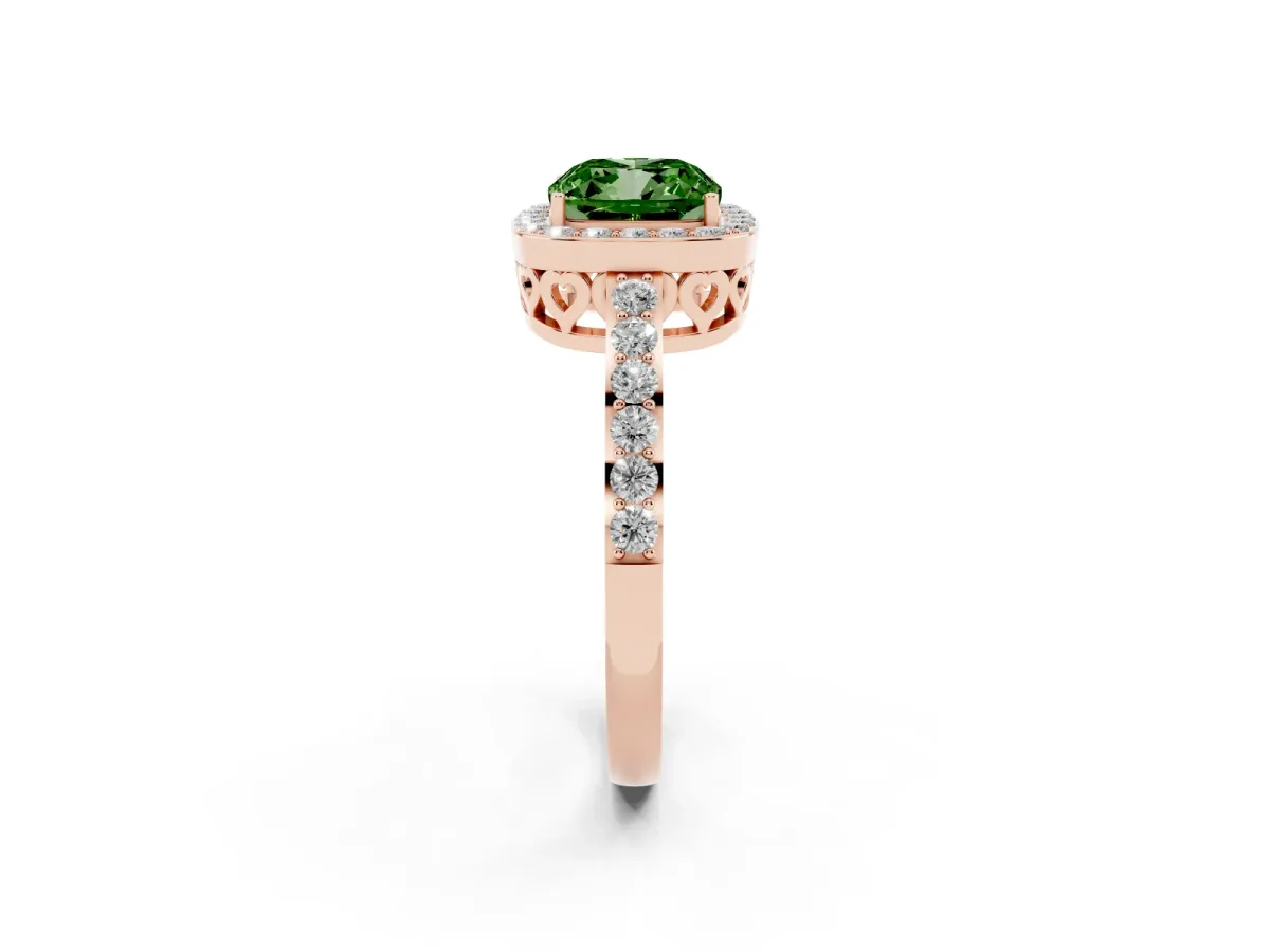 Fancy Green Cushion Cut Halo Diamond Pavé Band Ring with Prong Setting Rose gold