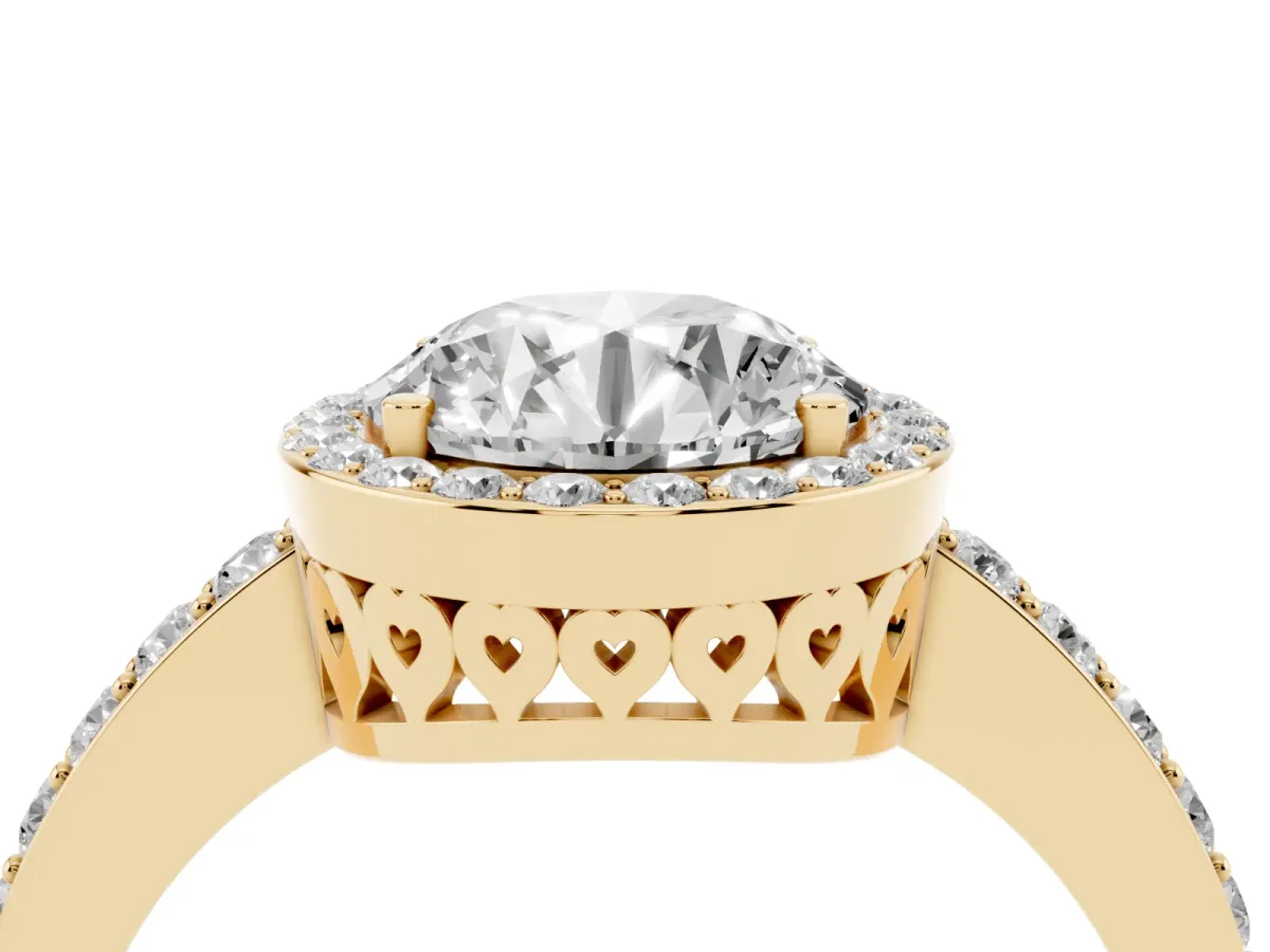 Round Cut Halo Diamond Pavé Band Ring with Prong Setting Yellow gold