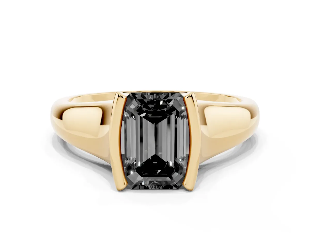 Fancy Black Emerald Cut Solitaire Tension Set Diamond Ring with Split Shank Band Yellow gold