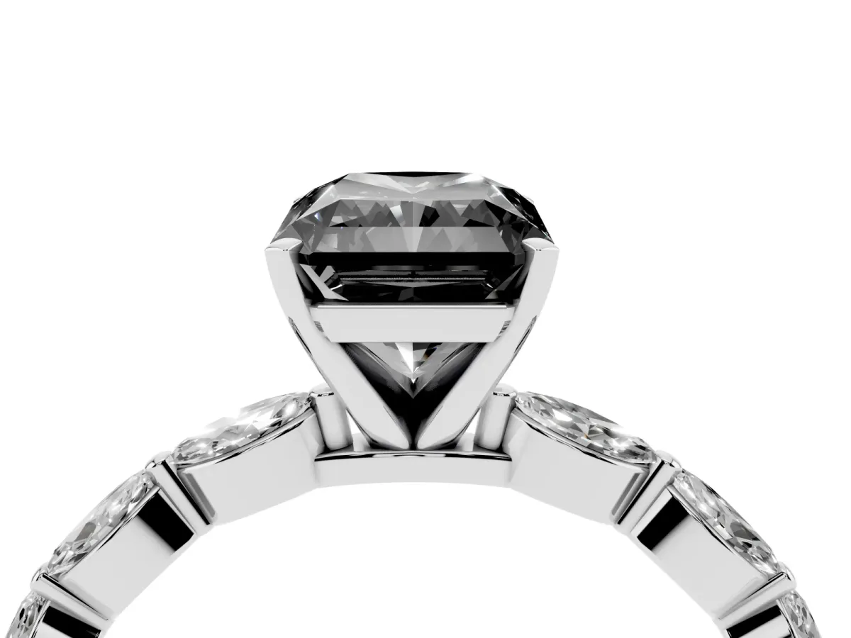 Fancy Black Radiant Cut Diamond Ring with Marquise Side Stones and Prong Setting Platinum
