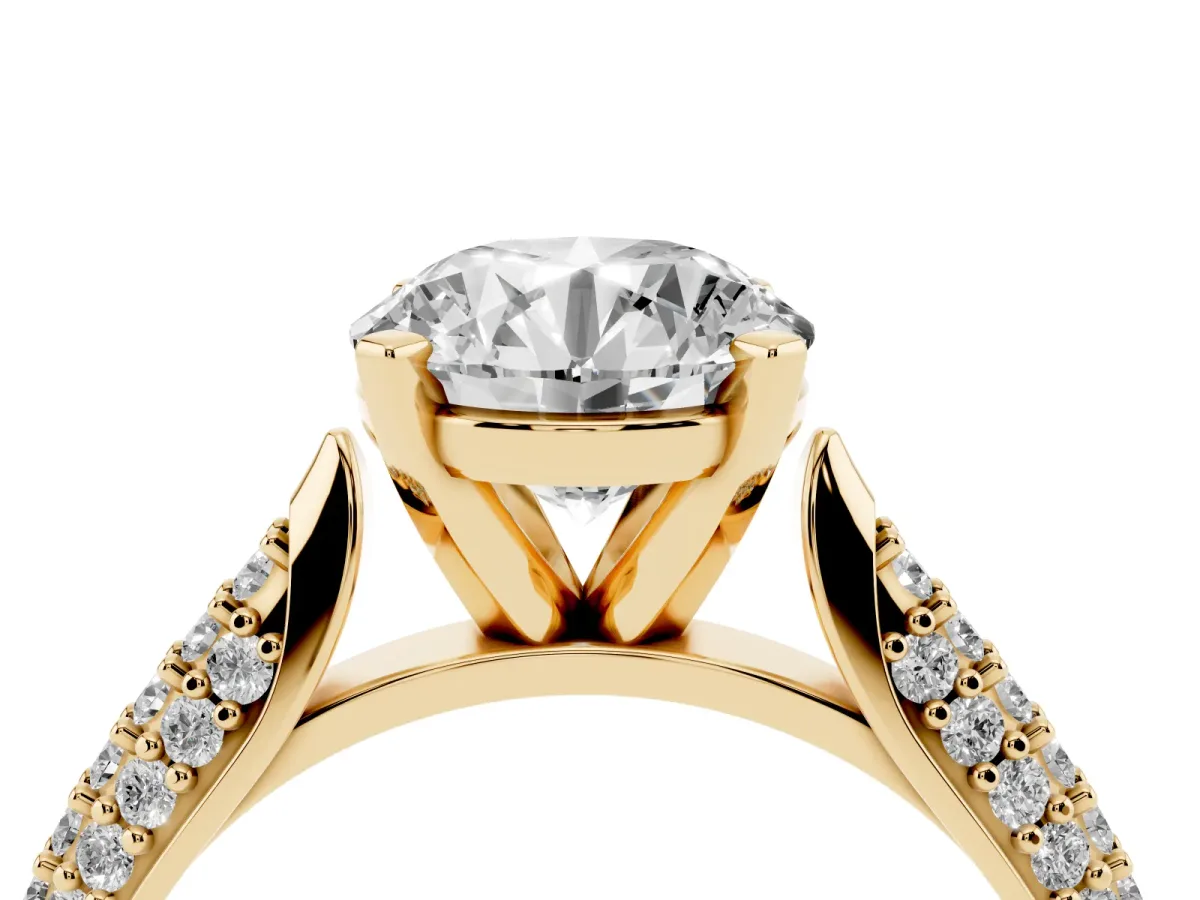 Round Cut Diamond Solitaire Engagement Ring with Multi-Row Round Pavé Band and Prong Setting Yellow gold