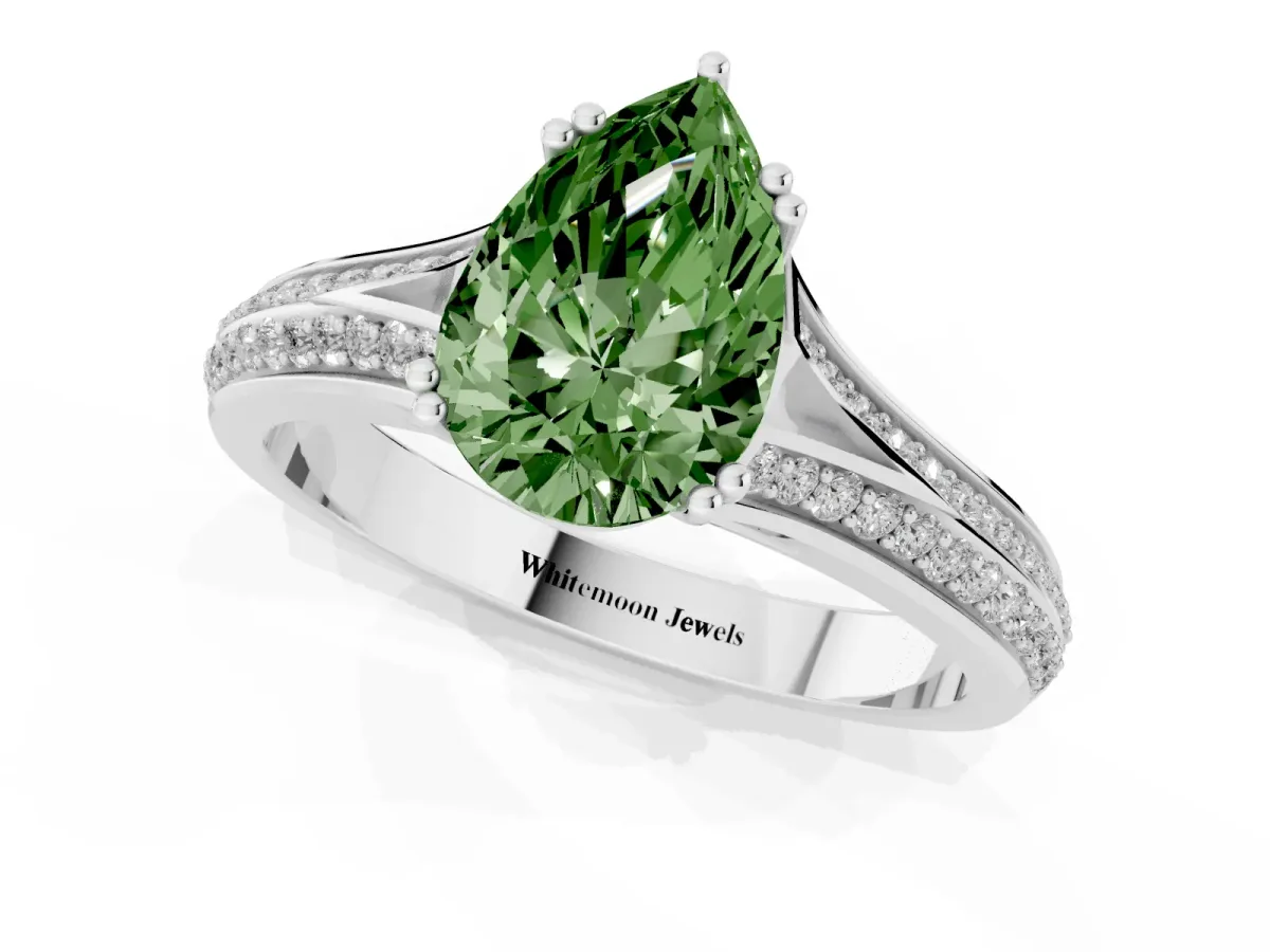 Fancy Green Pear Cut Diamond Split Shank Engagement Ring with Pavé Band Silver