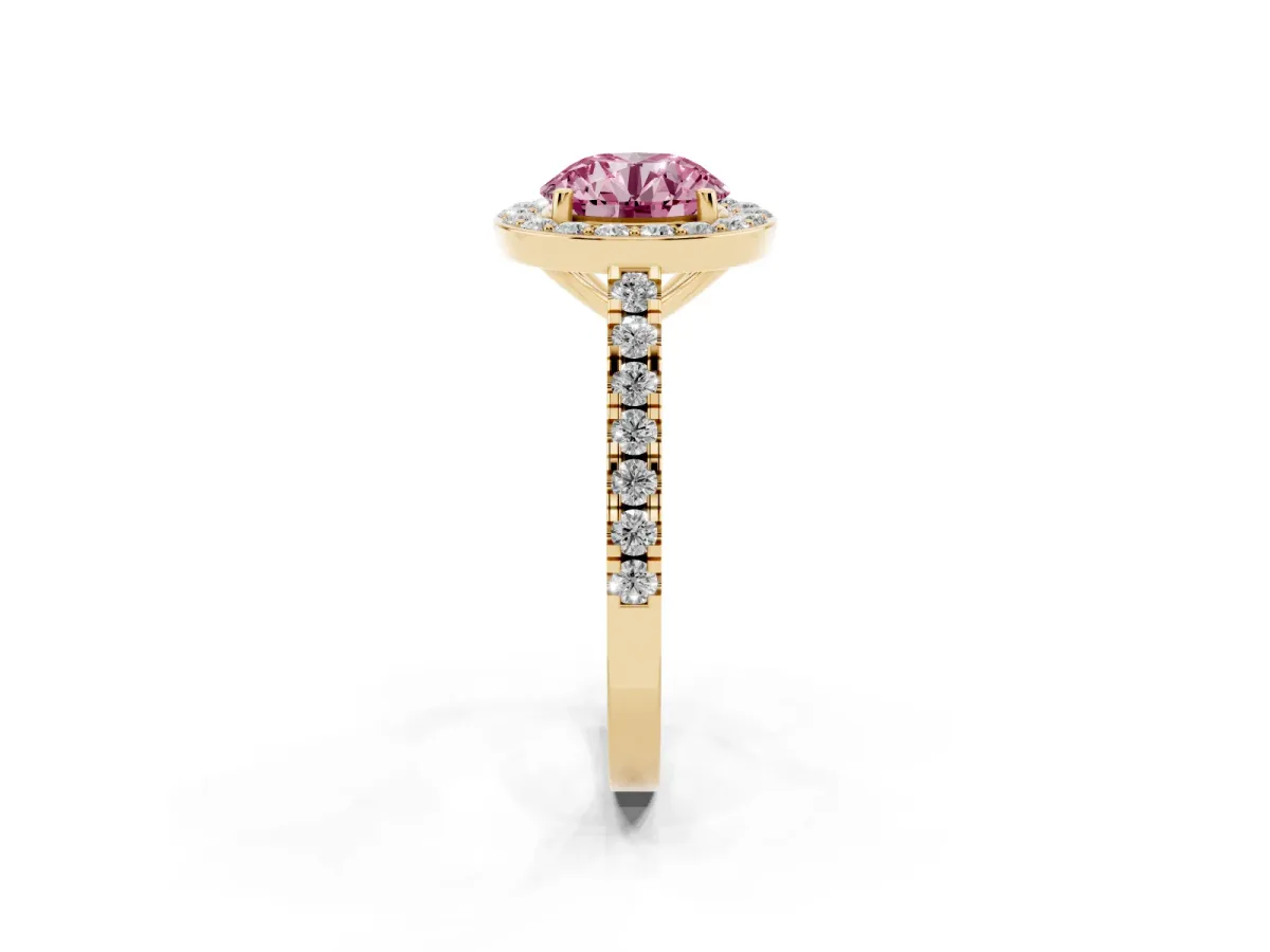 Fancy Pink Round Cut Diamond Halo Ring with Round Pavé Split Shank and Prong Setting Yellow gold