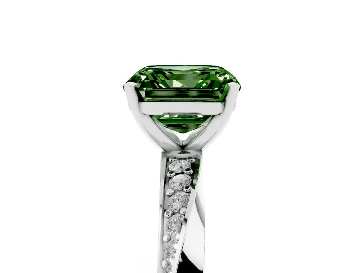 Fancy Green Asscher Cut Diamond Engagement Ring with Side Stone Accents and Four-Prong Setting Platinum