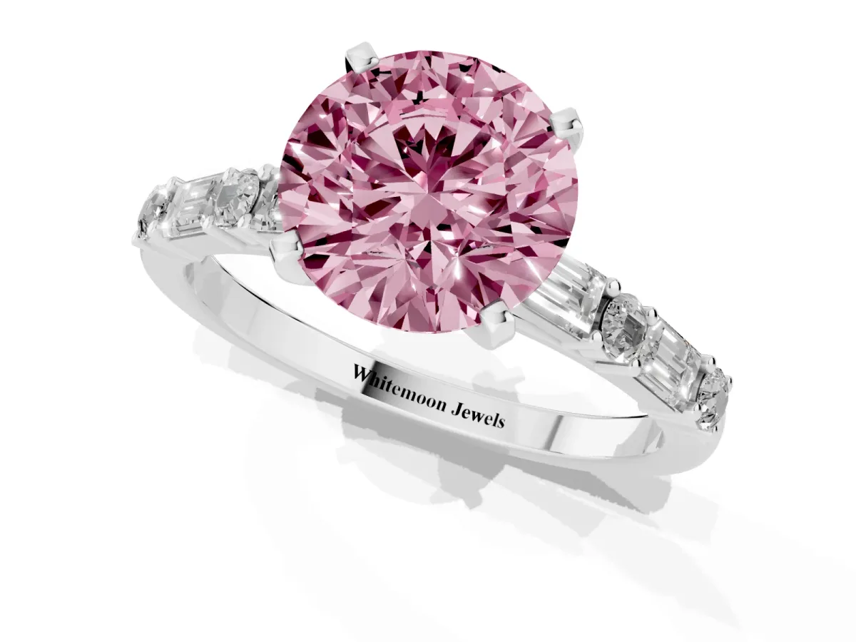 Fancy Pink Round Cut Diamond Solitaire with Side Baguettes and Channel Set Band Silver