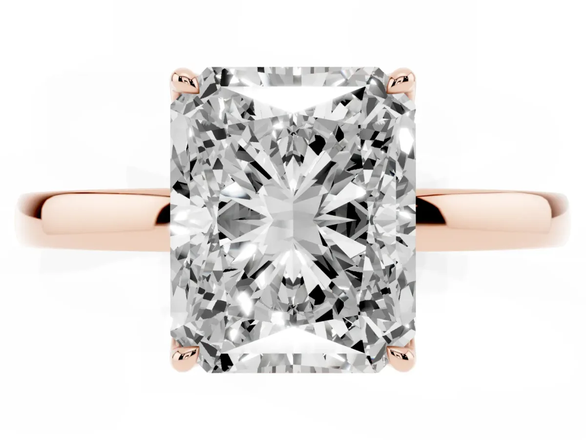Radiant Cut Diamond Solitaire Ring with Thin Band and Prong Setting Rose gold