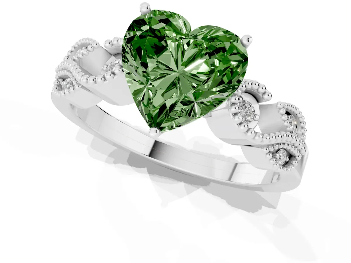 Fancy Green Heart Cut Solitaire Milgrain Leaf Band with Prong Setting Silver