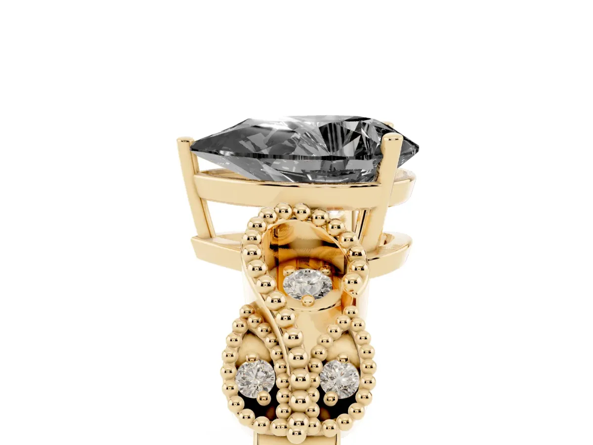 Fancy Black Pear Cut Solitaire Milgrain Leaf Band with Prong Setting Yellow gold