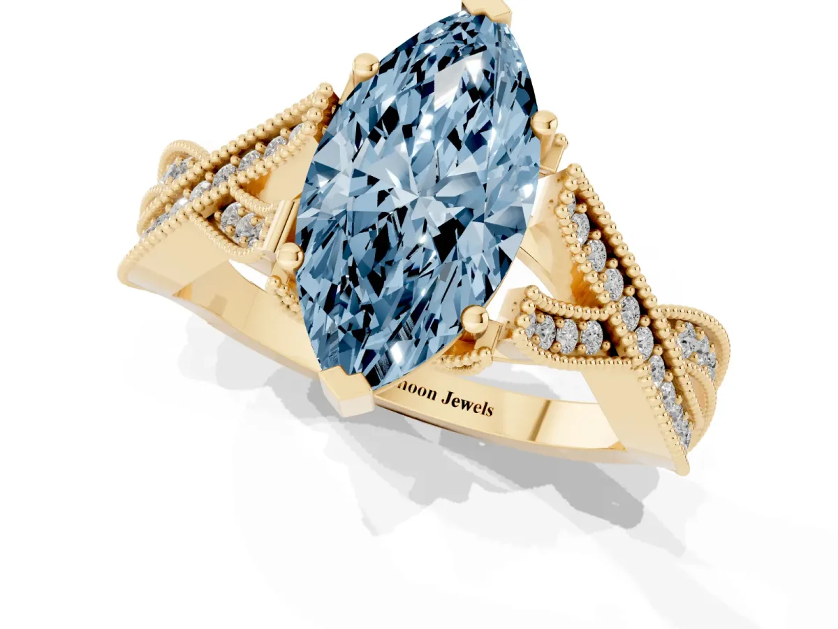 Fancy Blue Marquise Cut Cut Diamond Twisted Band with Milgrain Pave Setting and Four-Prong Setting Yellow gold