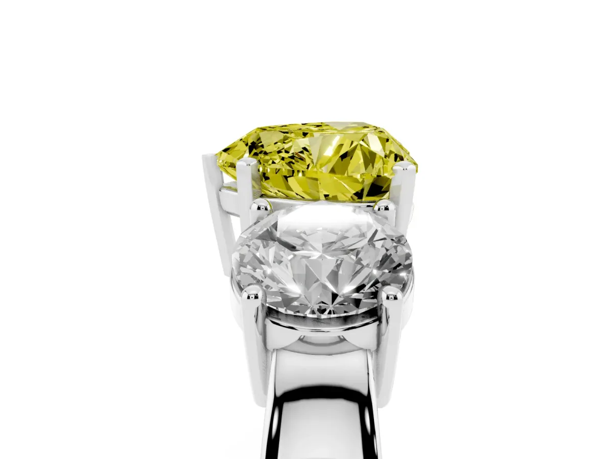 Fancy Yellow Three-Stone Heart Cut Diamond Ring with Round Side Stones, Classic Band, and Four-Prong Setting White gold