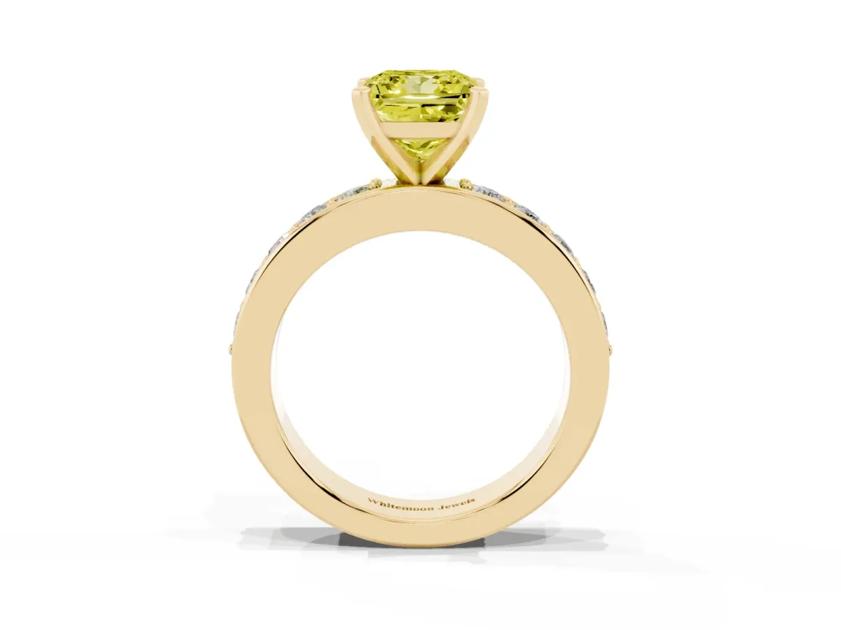 Fancy Yellow Princess Cut Diamond Engagement Ring with Channel Set Round Band and Prong Setting Yellow gold