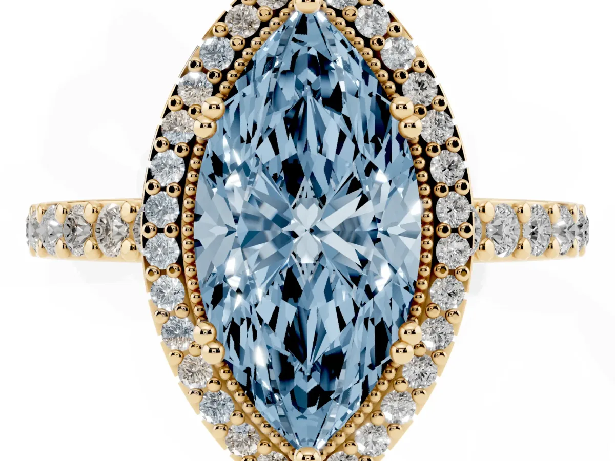 Fancy Blue Marquise Cut Cut Diamond Halo Engagement Ring with Milgrain Detail and Pavé Band Yellow gold