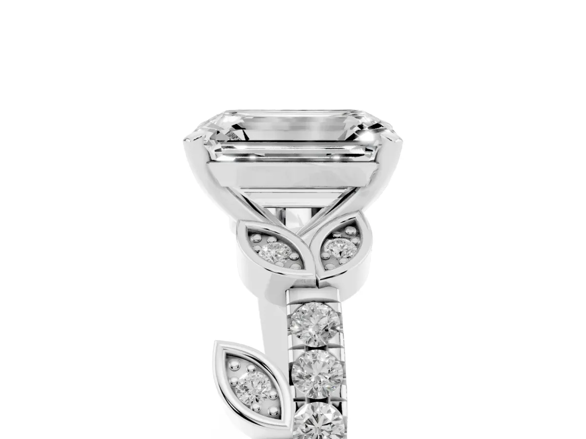 Emerald Cut Solitaire Leaf-Inspired Diamond Ring with Pavé Band and Four-Prong Setting Silver