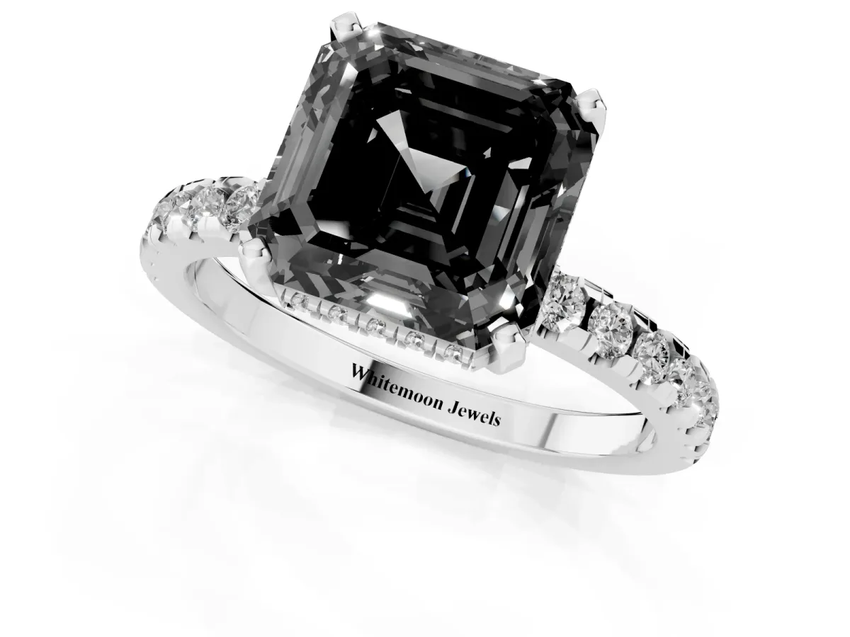 Fancy Black Asscher Cut Diamond Solitaire Ring with Round Pavé Band and Four-Prong Setting Silver