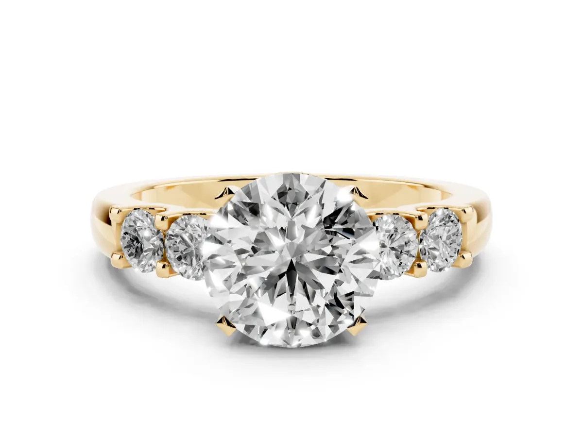 Round Cut Brilliant Cut Diamond Five-Stone Prong Set Engagement Ring with Channel Band Yellow gold