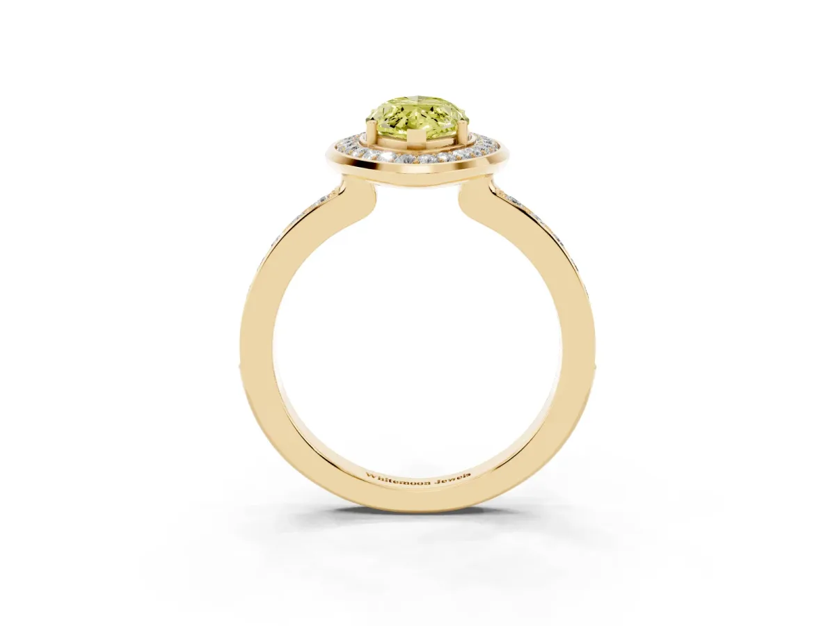 Fancy Yellow Marquise Cut Diamond Halo Ring with Bezel Frame and Pavé Band Yellow gold