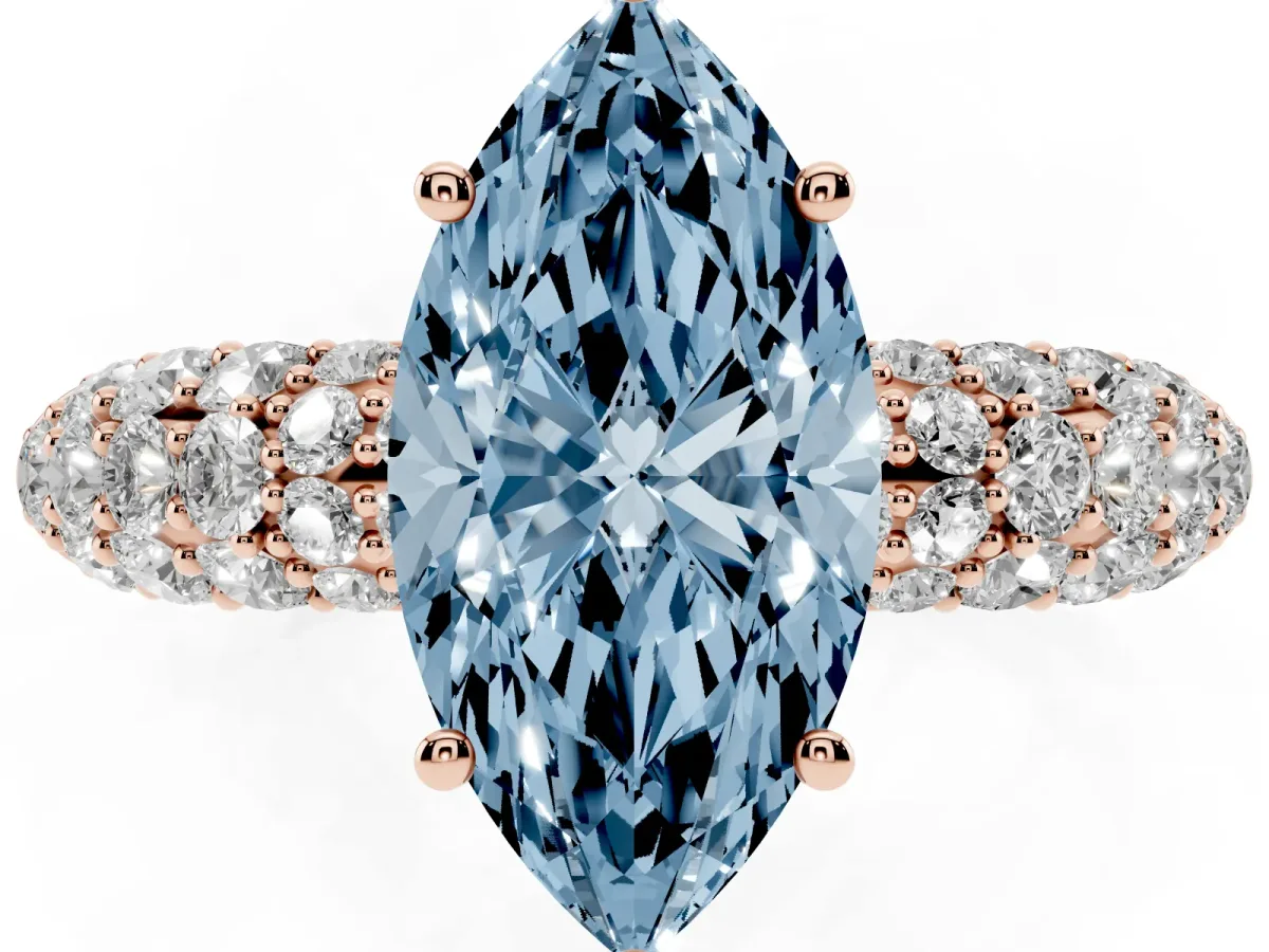 Fancy Blue Marquise Cut Diamond Pavé Band Solitaire Ring with Four-Prong Setting Rose gold