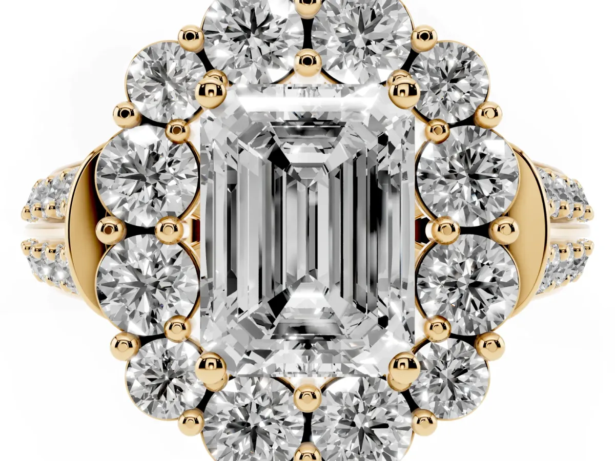 Emerald Cut Halo Diamond Engagement Ring with Split Shank and Prong Setting Yellow gold