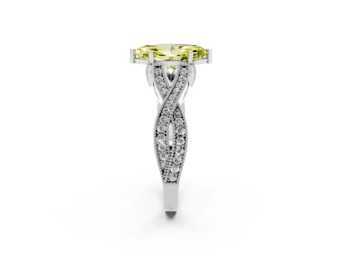 Fancy Yellow Marquise Cut Cut Diamond Twisted Band with Milgrain Pave Setting and Four-Prong Setting Silver