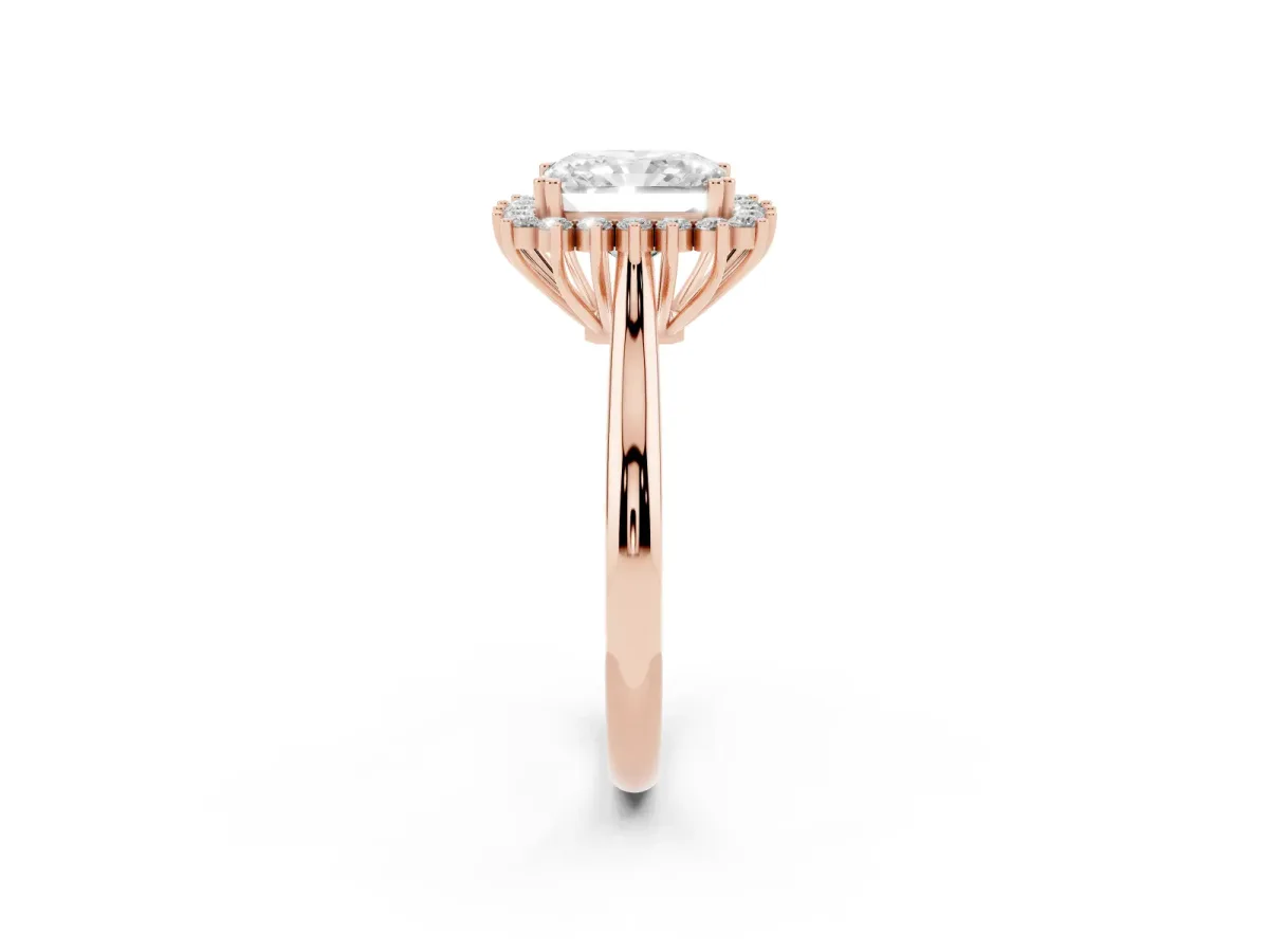Radiant Cut Cut Diamond Halo Ring with Solitaire Band and Prong Setting Rose gold