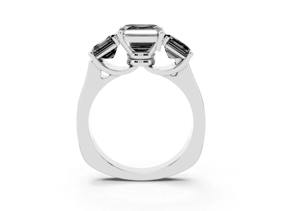 Fancy Black Three-Stone Asscher Cut Brilliant Diamond Trellis Ring with Comfort Fit Band Platinum