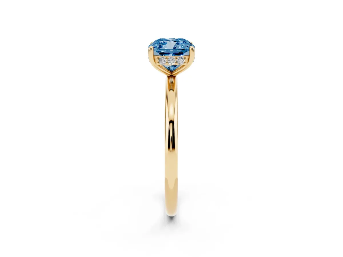 Fancy Blue Cushion Cut Solitaire Diamond Ring with a Classic Band and Four-Prong Setting Yellow gold