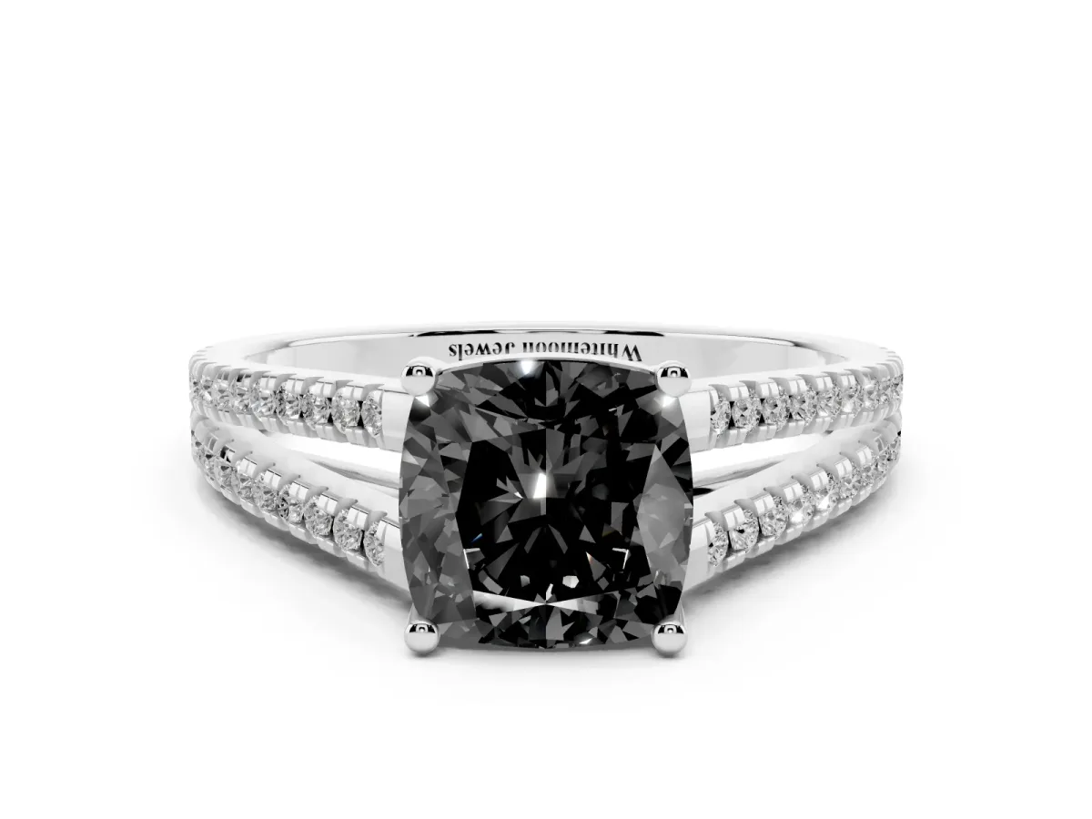 Fancy Black Cushion Cut Diamond Solitaire Engagement Ring with Split Shank Pavé Band Platinum
