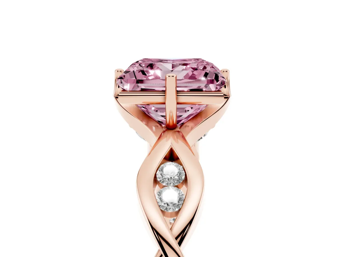 Fancy Pink Princess Cut Solitaire Twist Band with Leaf Prong Setting Rose gold