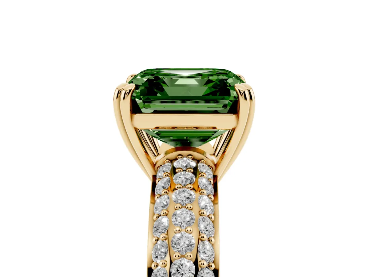 Fancy Green Asscher Cut Diamond Solitaire Ring with Multi-Row Round Pavé Band and Prong Setting Yellow gold