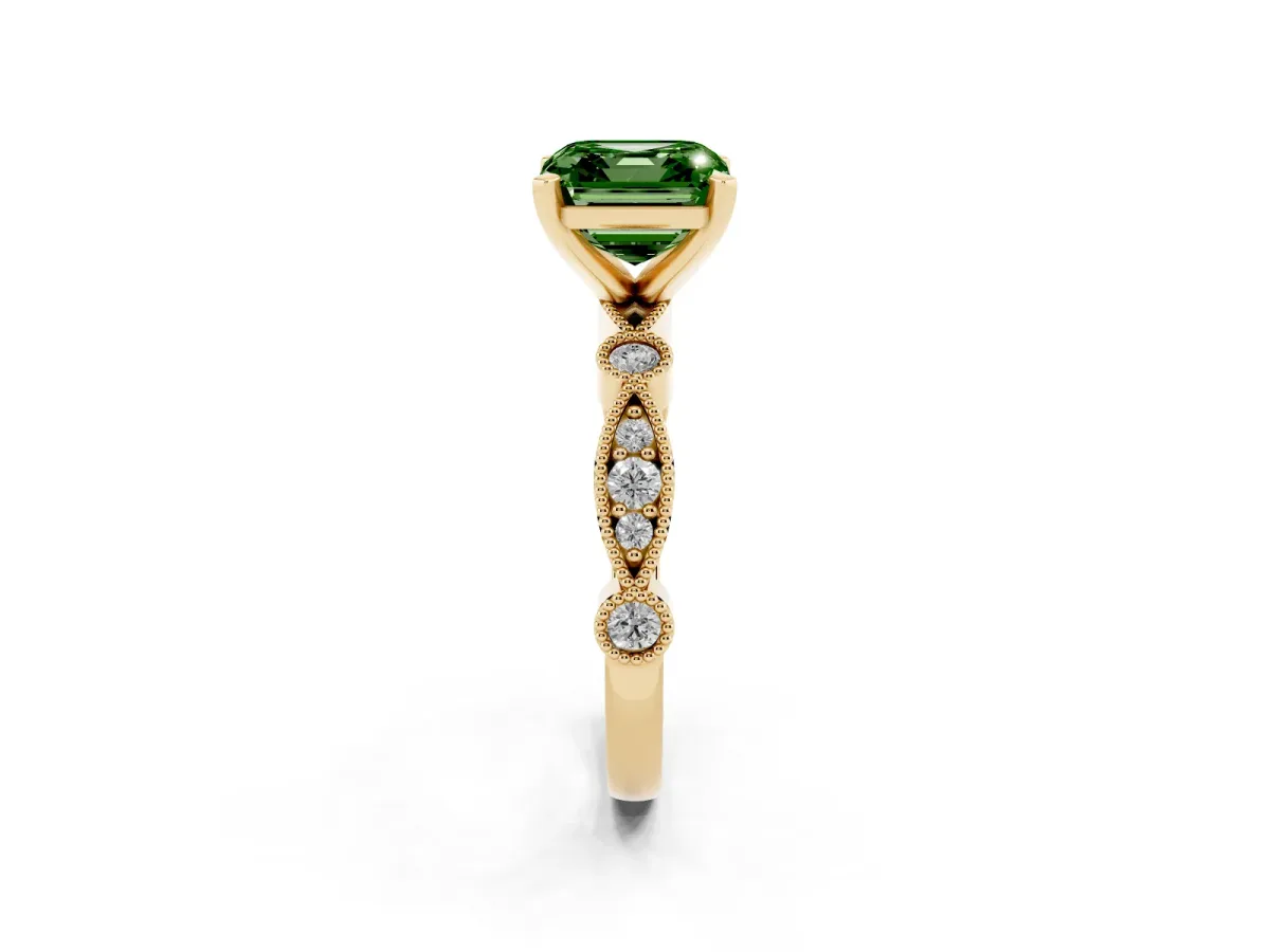 Fancy Green Asscher Cut Milgrain Bezel Diamond Engagement Ring with Solitaire Prong Setting Yellow gold