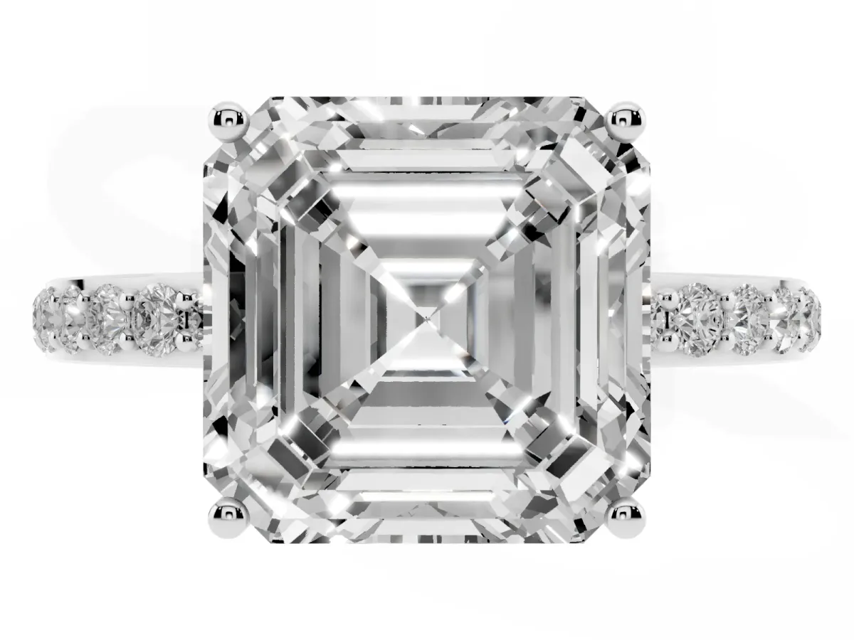 Asscher Cut Diamond Solitaire Ring with Pavé Band and Hidden Halo White gold