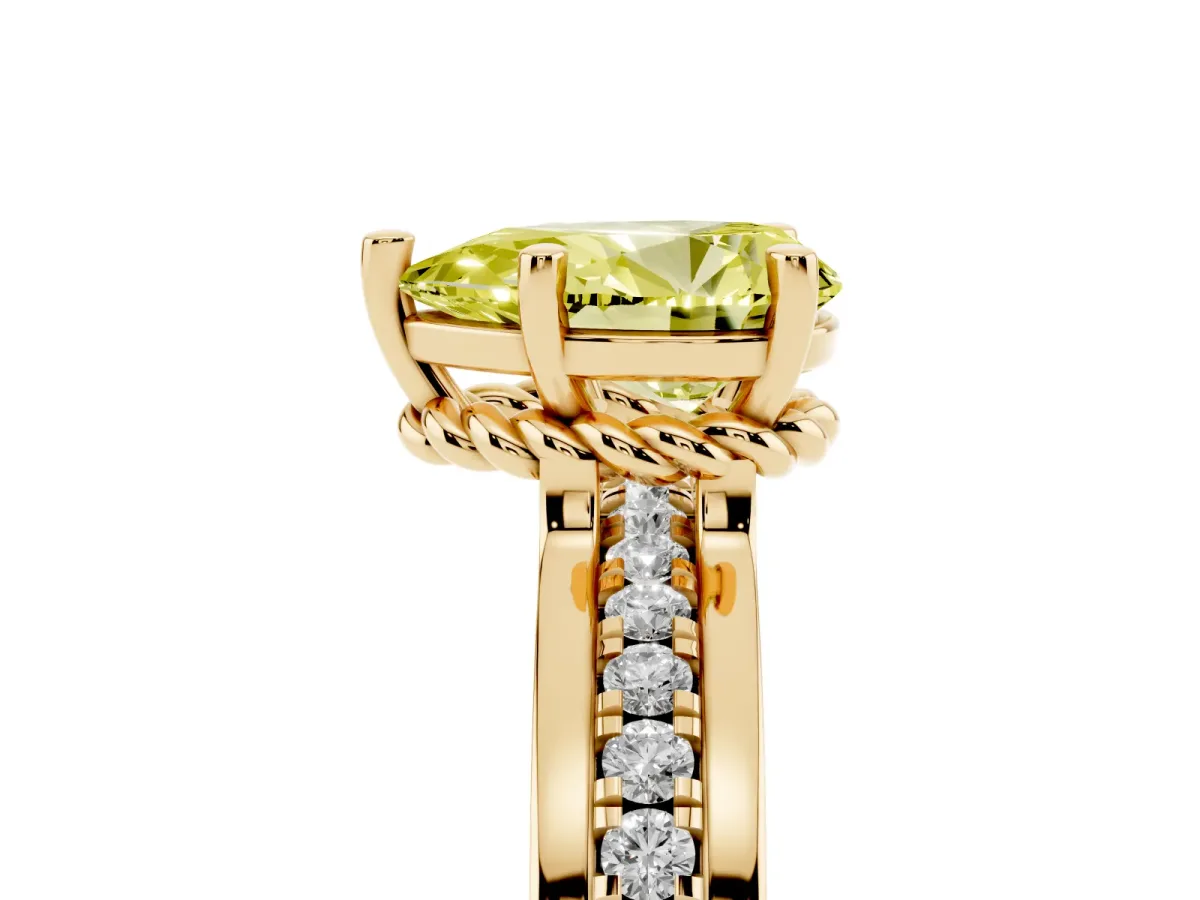 Fancy Yellow Pear Cut Solitaire Diamond Ring with Channel Set Band and Six-Prong Setting Yellow gold