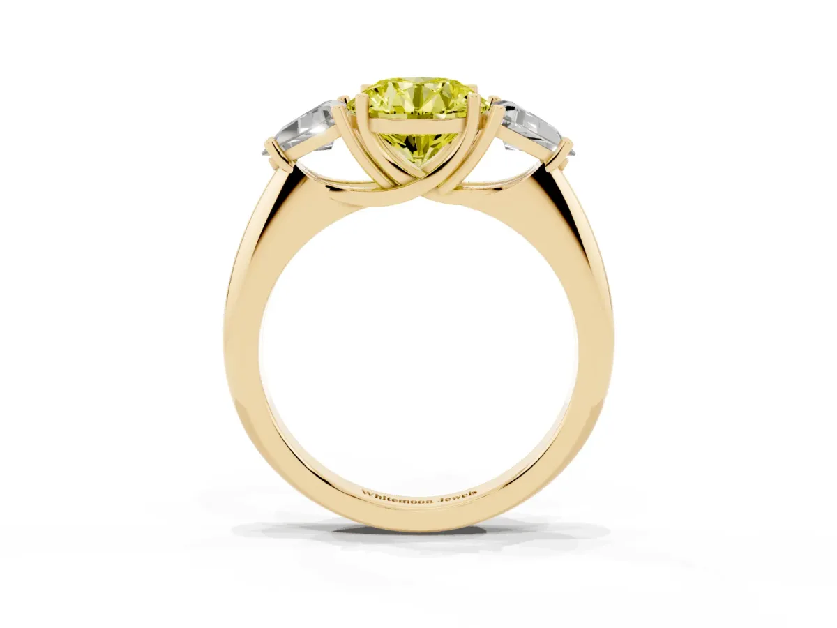 Fancy Yellow Three-Stone Round Cut Diamond Engagement Ring with Trillion Side Stones and Prong Setting Yellow gold