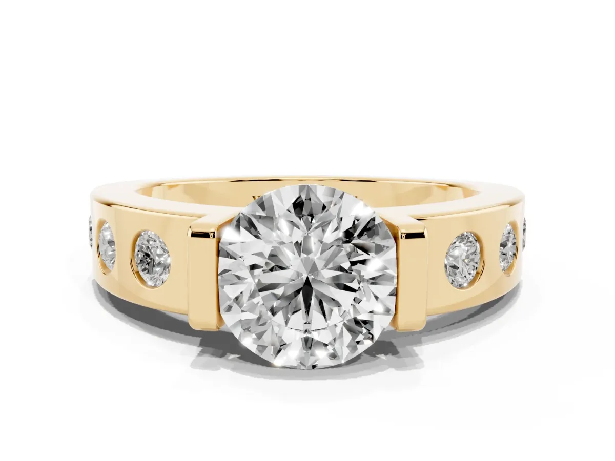 Round Cut Brilliant Channel-Set Diamond Ring with Bezel Prong Setting Yellow gold