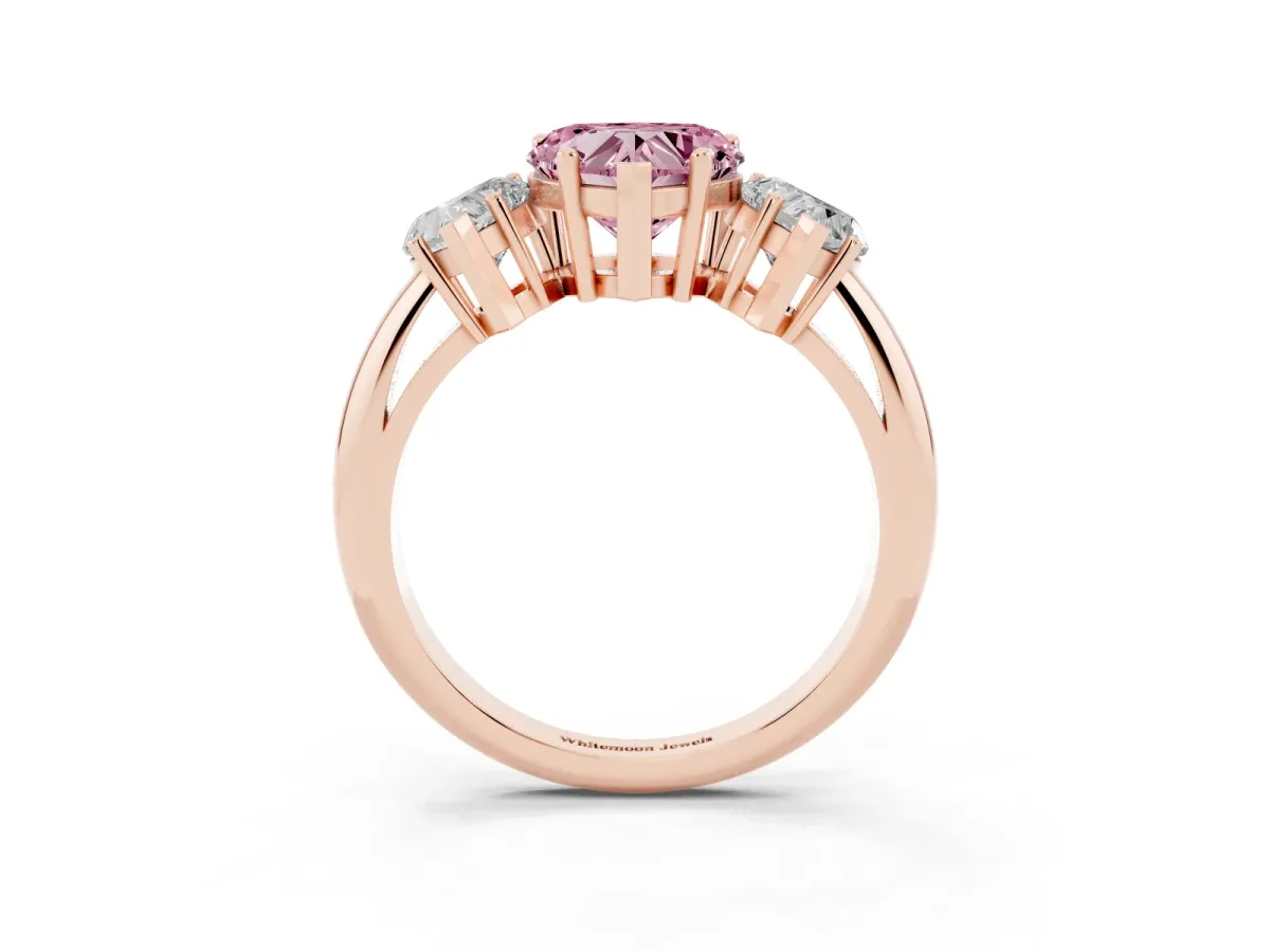 Fancy Pink Three-Stone Heart Cut Cut Diamond Engagement Ring with Prong Setting on a White Gold Band Rose gold