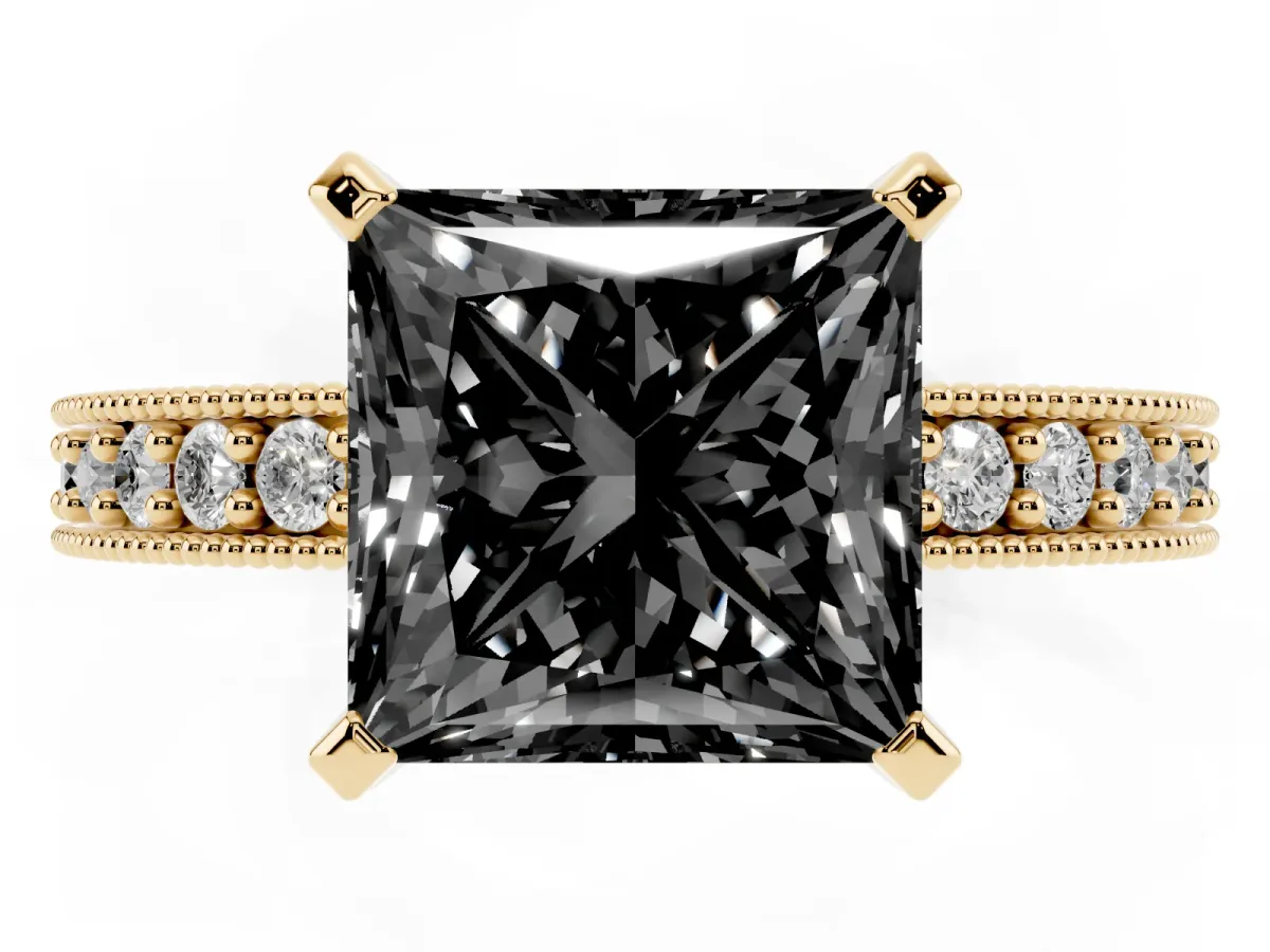 Fancy Black Princess Cut Diamond Milgrain Pavé Engagement Ring with Four-Prong Setting Yellow gold