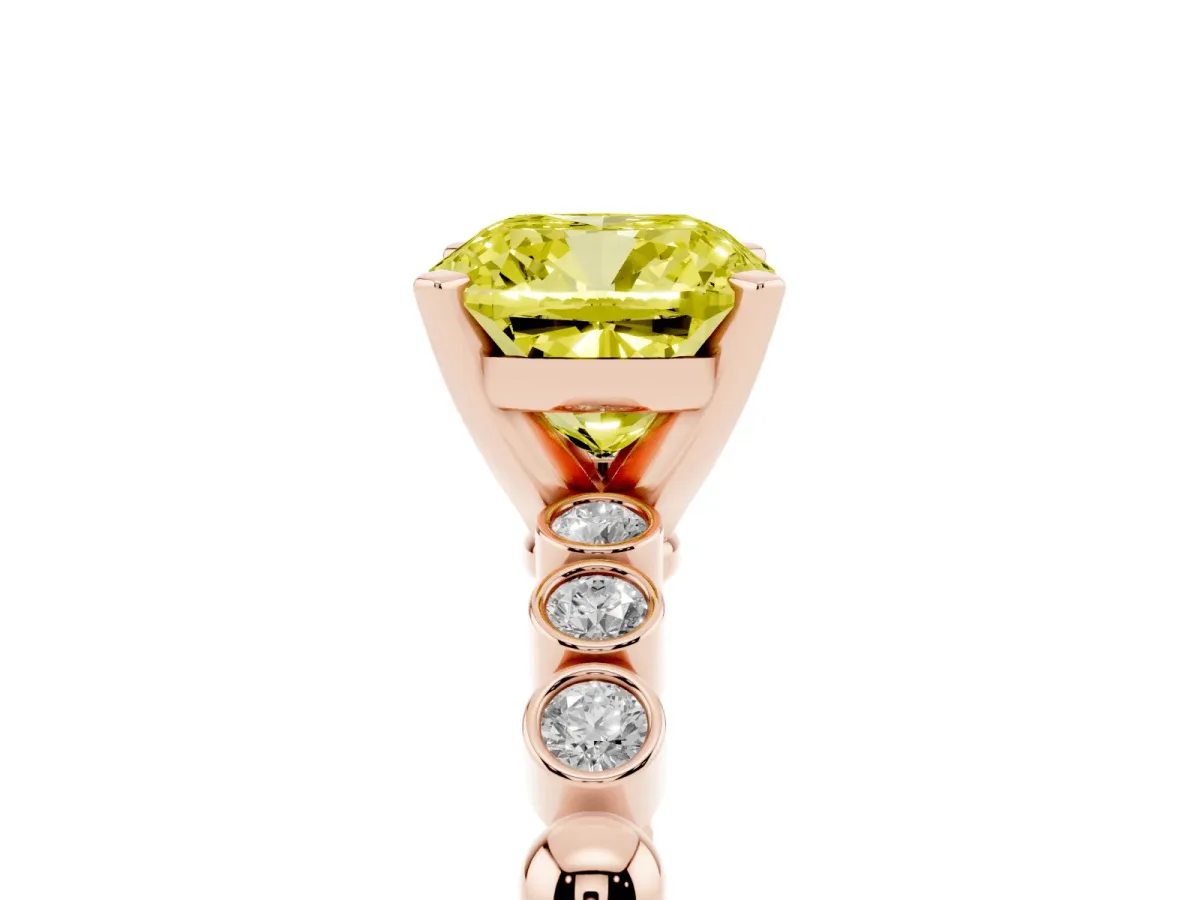 Fancy Yellow Cushion Cut Solitaire Bezel Accent Diamond Engagement Ring with Beaded Band and Four-Prong Setting Rose gold