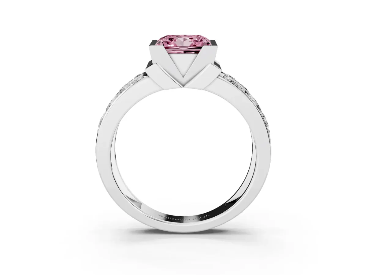 Fancy Pink Princess Cut Brilliant Diamond Channel Set Wide Band Ring with Bezel Setting Silver