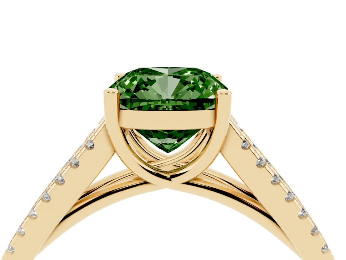 Fancy Green Cushion Cut Diamond Solitaire Engagement Ring with Split Shank Pavé Band Yellow gold