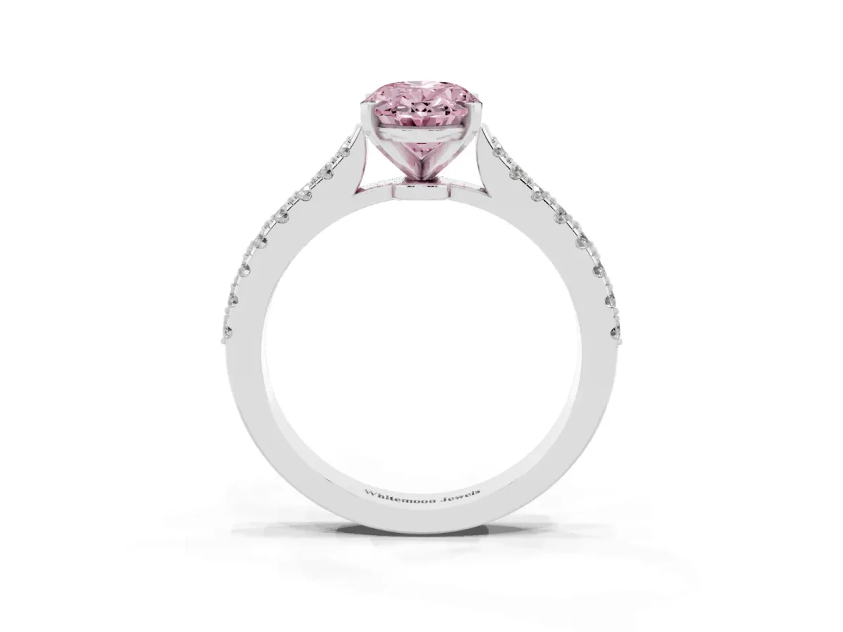 Fancy Pink Oval Cut Cut Solitaire Diamond Engagement Ring with Pave Band and Four-Prong Setting Platinum