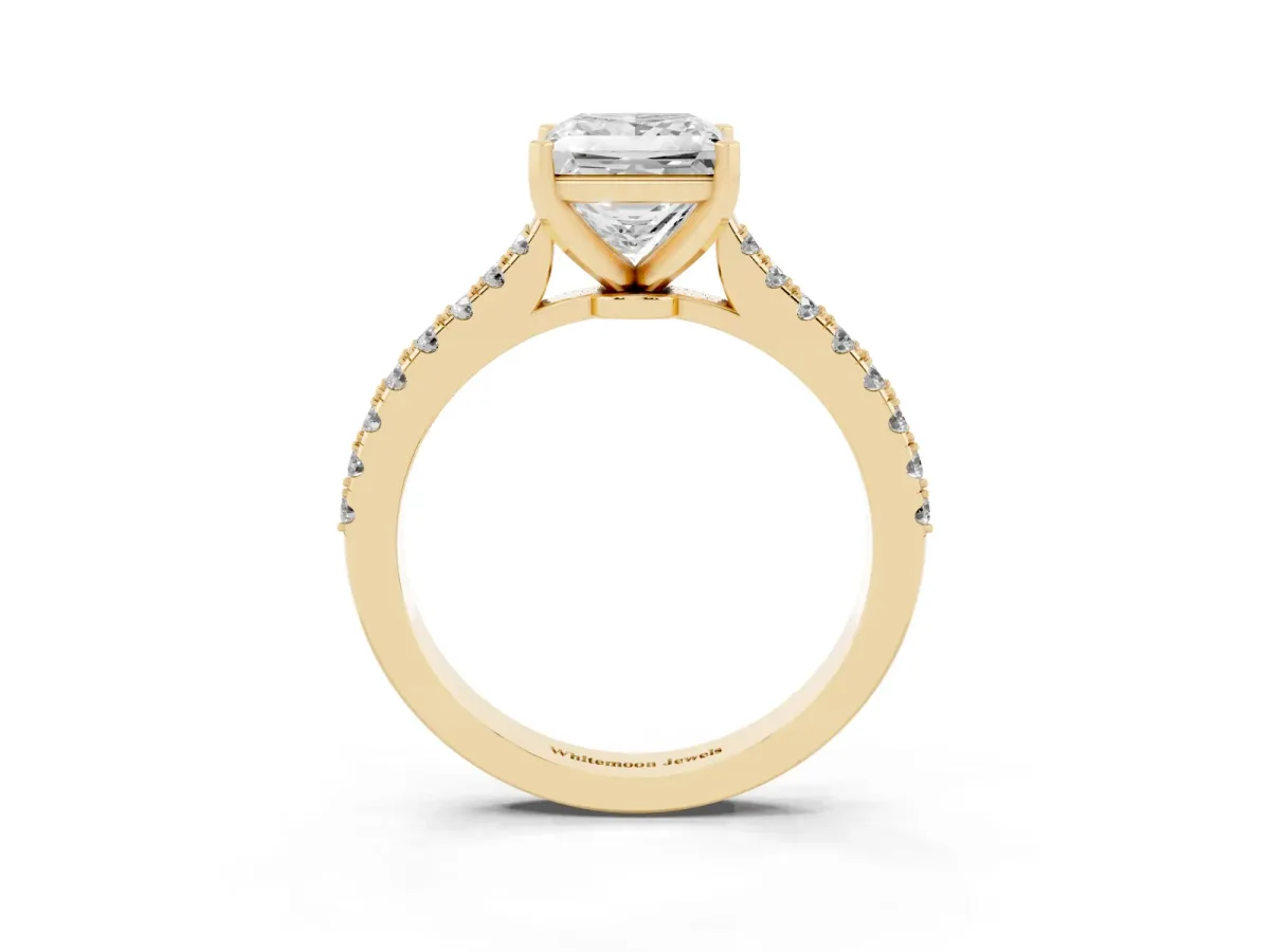 Princess Cut Cut Solitaire Diamond Engagement Ring with Pave Band and Four-Prong Setting Yellow gold