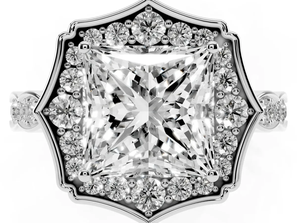Princess Cut Halo Diamond Engagement Ring with Milgrain Band and Four-Prong Setting White gold