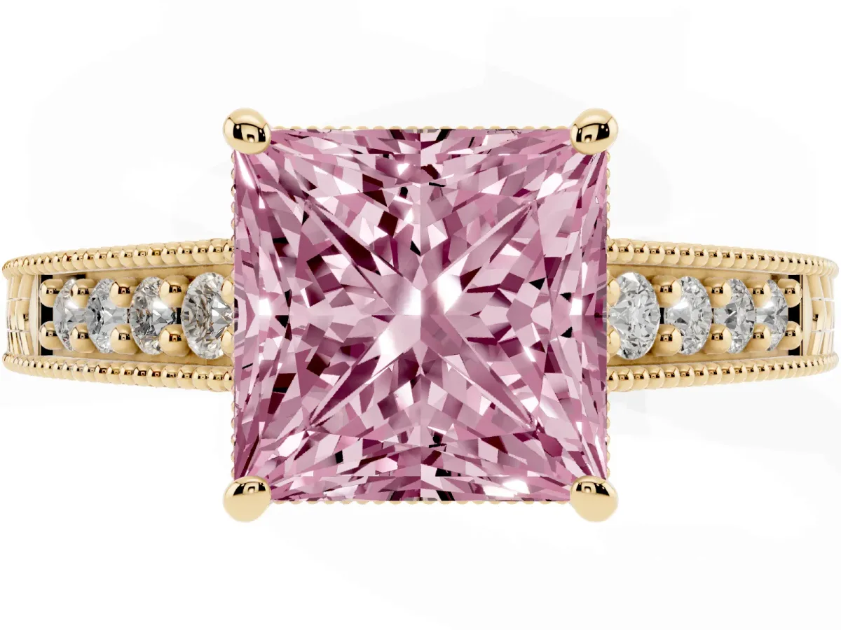 Fancy Pink Princess Cut Solitaire Pavé Diamond Milgrain Engagement Ring with Four-Prong Setting Yellow gold