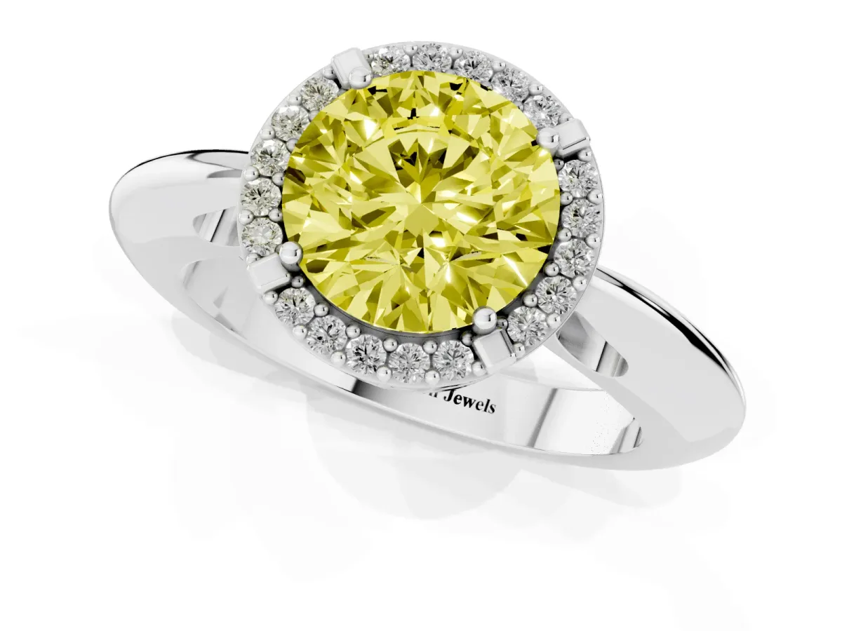 Fancy Yellow Round Cut Cut Diamond Halo Engagement Ring with Split Shank and Four-Prong Setting Silver