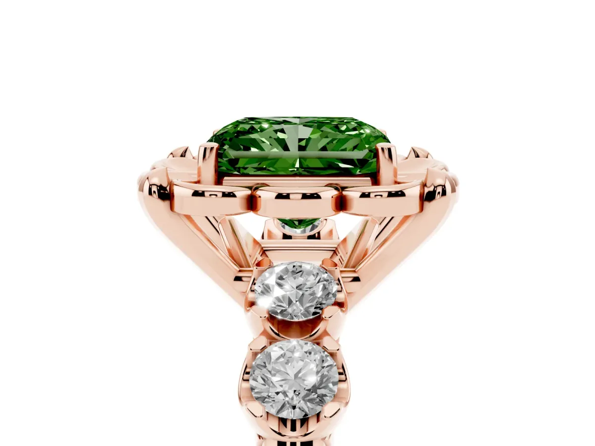 Fancy Green Radiant Cut Cut Diamond Floral Halo Engagement Ring with Shared Prong Setting Rose gold