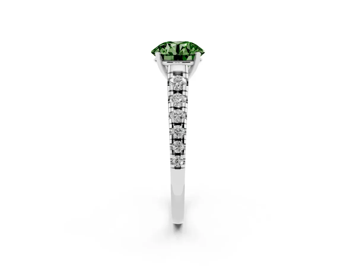 Fancy Green Round Cut Diamond Cathedral Solitaire Ring with Round Pavé Band Silver