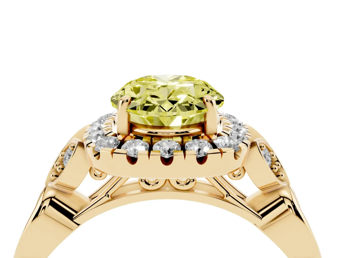 Fancy Yellow Oval Cut Halo Diamond Engagement Ring with Vintage-Inspired Band and Four-Prong Setting Yellow gold
